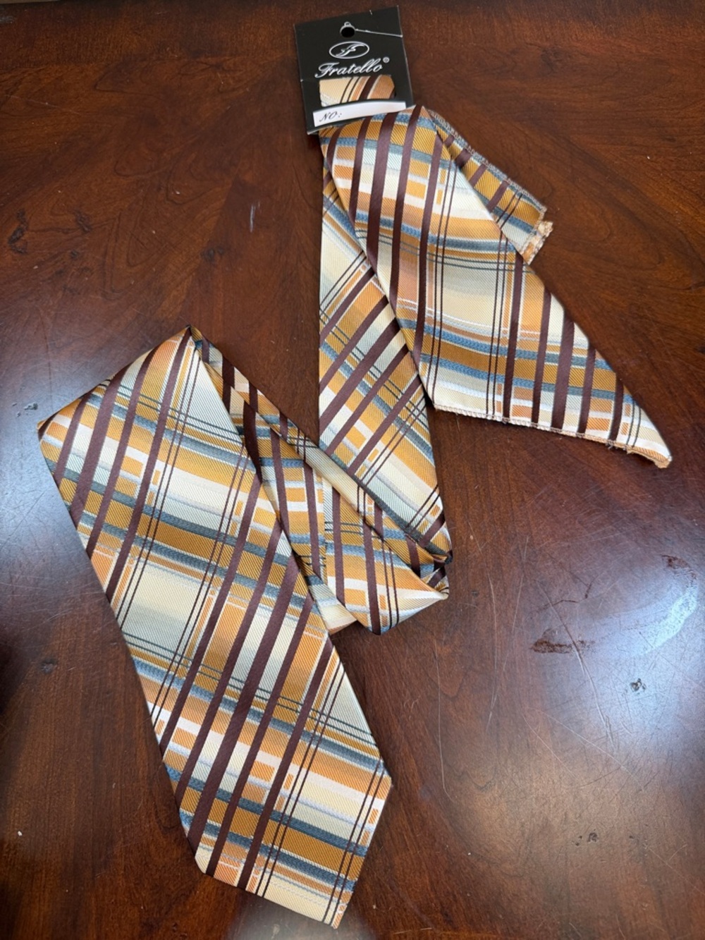 Fratello Men's Plaid Tie & Pocket Square Set - Brown, Gold‎ & Cream